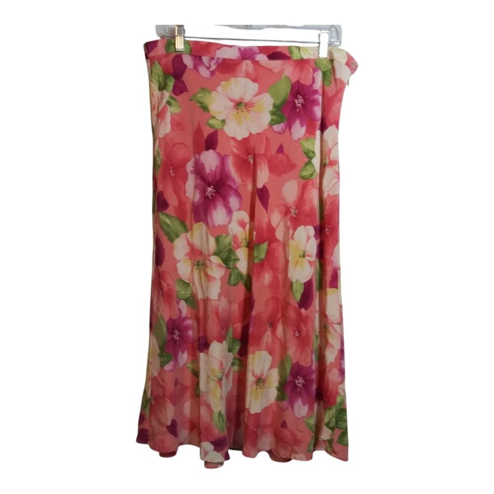 Alfred Dunner Pull On Floral Pink Midi Silk Skirt Feminine Size 14